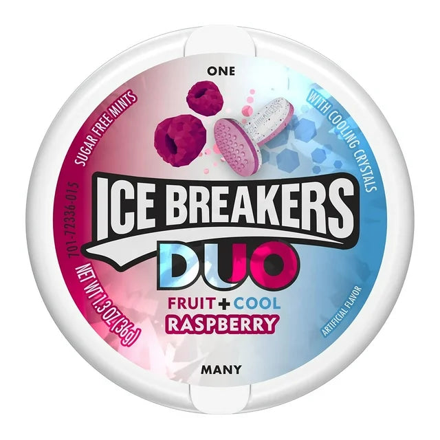 ICE BREAKERS Duo Fruit Plus Cool Raspberry Sugar Free Mints Tins, 1.3 oz (8 Count)