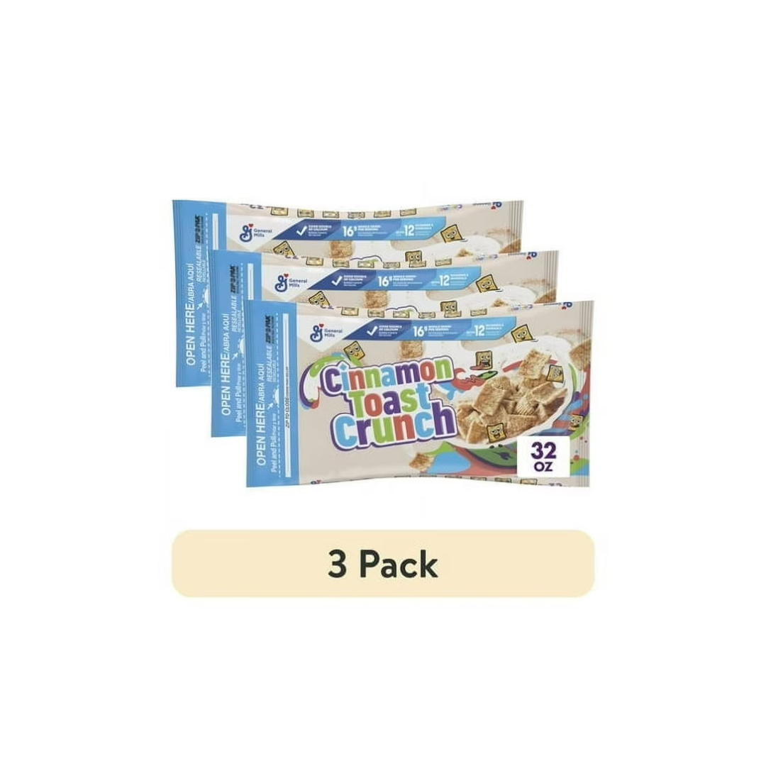 (3 pack) Cinnamon Toast Crunch Breakfast Cereal, Crispy Cinnamon Cereal, Value Bag, 32 oz