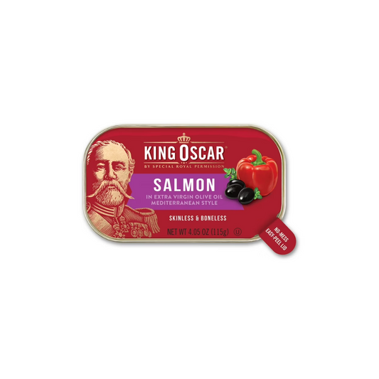 King Oscar Skinless & Boneless Premium Salmon in Extra Virgin Olive Oil, Mediterranean Style, 4.05 oz