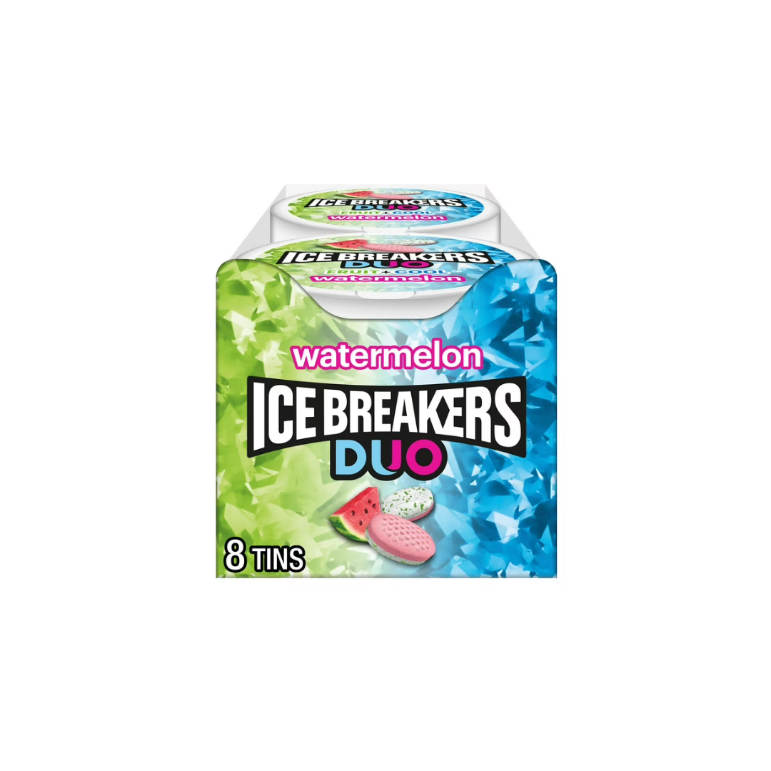 Ice Breakers Duo Fruit Plus Cool Watermelon Sugar Free Mints, Tins 1.3 oz, 8 Count